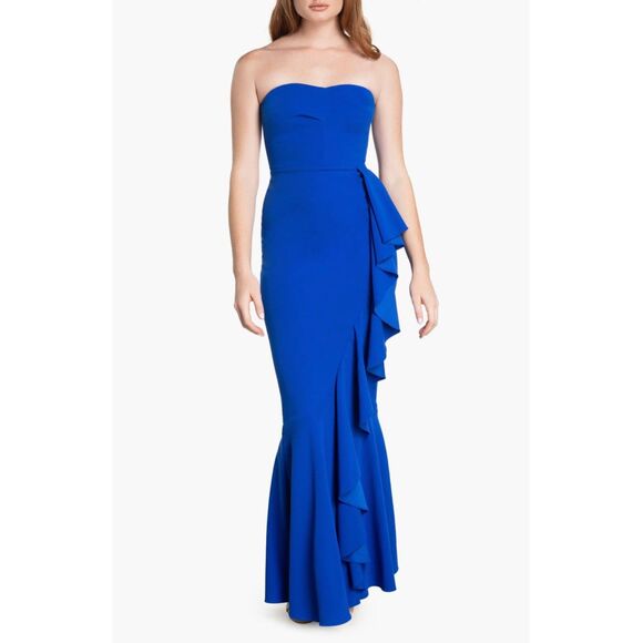 NWT Dress the Population Paris Ruffle Strappy or Strapless Gown in Electric Blue - Picture 3 of 14